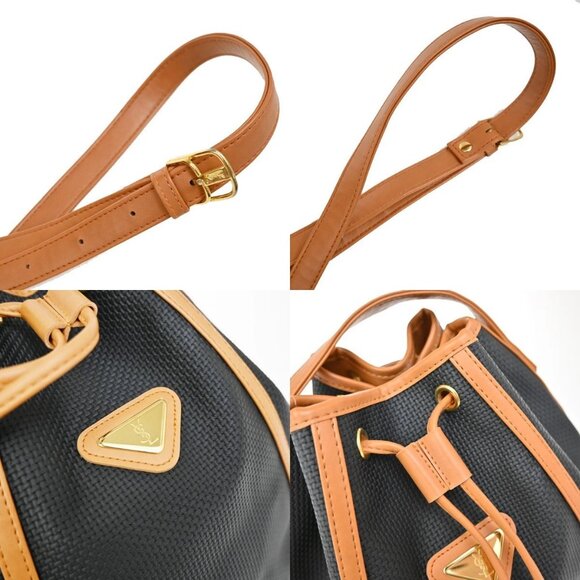 Saint Laurent YSL Logo Drawstring Shoulder Bag PVC Leather Navy Brown 38FC055 - Picture 8 of 16